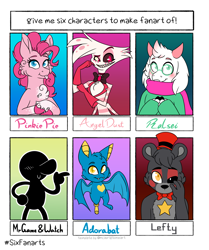 Size: 1280x1529 | Tagged: safe, artist:chu-and-sparky-127, imported from derpibooru, pinkie pie, anthro, arachnid, bat, bear, demon, earth pony, goat, human, pony, robot, spider, six fanarts, adorabat, amputee, angel dust (hazbin hotel), animatronic, anthro with ponies, black sclera, bowtie, bust, clothes, crossover, female, femboy, five nights at freddy's, flying, glasses, gold tooth, hat, hazbin hotel, heterochromia, humanoid, lefty, male, mare, mr. game & watch, multiple arms, multiple limbs, prosthetic limb, prosthetics, scarf, smiling, spider demon, top hat, trap, unshorn fetlocks