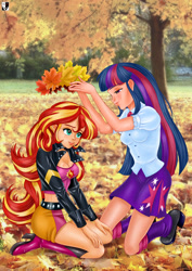 Size: 1000x1414 | Tagged: safe, artist:lord--opal, imported from derpibooru, sunset shimmer, twilight sparkle, equestria girls, autumn, breasts, cleavage, crown, female, human coloration, jewelry, leaf, leaves, lesbian, regalia, shipping, sunsetsparkle, tree