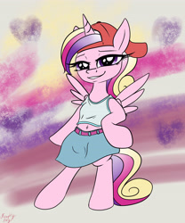 Size: 3500x4200 | Tagged: safe, artist:littlenaughtypony, imported from derpibooru, fluttershy, princess cadance, '90s, 90s grunge fluttershy, belly button, bipedal, cap, clothes, hat, imitation, looking at you, skirt, teen princess cadance