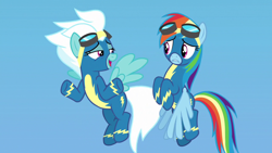 Size: 1280x720 | Tagged: safe, imported from derpibooru, screencap, fleetfoot, rainbow dash, pegasus, pony, parental glideance, clothes, female, goggles, mare, uniform, wonderbolts uniform