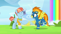 Size: 1280x720 | Tagged: safe, imported from derpibooru, screencap, spitfire, windy whistles, pegasus, pony, parental glideance, clothes, cute, cutefire, female, mare, uniform, windybetes, wing shake, wonderbolts uniform