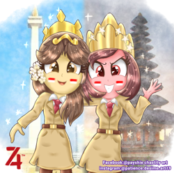 Size: 500x496 | Tagged: safe, artist:payshiechastityart, imported from derpibooru, oc, oc only, oc:nuning, oc:salasika, equestria girls, clothes, crown, duo, face paint, female, grin, jewelry, regalia, side hug, smiling, temple, waving