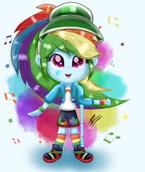 Size: 865x1024 | Tagged: safe, artist:payshiechastityart, imported from derpibooru, rainbow dash, equestria girls, clothes, female, shoes, shorts, smiling, solo, visor