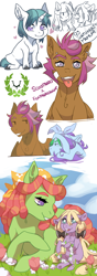 Size: 1000x2850 | Tagged: safe, artist:ponipoke, imported from derpibooru, tree hugger, oc, oc:arrow, oc:golden, oc:tumbleweed, unnamed oc, earth pony, pegasus, pony, unicorn, auntie tree hugger, bust, colt, cutie mark, female, filly, floral head wreath, flower, hoof hold, magical lesbian spawn, male, mare, meadow, offspring, parent:applejack, parent:big macintosh, parent:featherweight, parent:fluttershy, parent:rainbow dash, parent:scootaloo, parents:appledash, parents:fluttermac, parents:scootaweight, tongue out