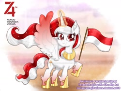 Size: 1280x960 | Tagged: safe, artist:payshiechastityart, imported from derpibooru, oc, oc only, oc:indonisty, alicorn, pony, alicorn oc, deviantart watermark, flag, glowing horn, hoof shoes, horn, indonesia, magic, nation ponies, obtrusive watermark, peytral, smiling, solo, telekinesis, watermark, wings