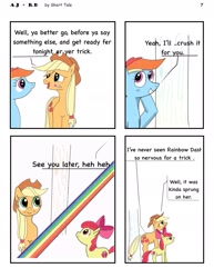 Size: 1385x1792 | Tagged: safe, artist:short tale, imported from derpibooru, apple bloom, applejack, rainbow dash, earth pony, pegasus, pony, comic:aj+rd, appledash, digital art, female, lesbian, plans, romance, shipping, sneaky