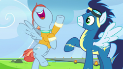 Size: 1280x720 | Tagged: safe, imported from derpibooru, screencap, soarin', windy whistles, pegasus, pony, parental glideance, clothes, female, male, mare, stallion, uniform, wonderbolts uniform