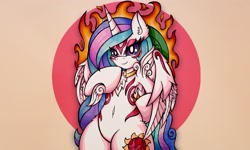 Size: 2048x1229 | Tagged: safe, artist:canvymamamoo, imported from derpibooru, princess celestia, alicorn, pony, semi-anthro, alternate cutie mark, amaterasu, belly button, bipedal, circle background, crossover, ear fluff, female, fire, looking at you, mare, okami, peytral, smiling, solo