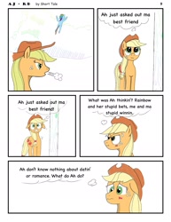 Size: 1385x1792 | Tagged: safe, artist:short tale, imported from derpibooru, applejack, rainbow dash, earth pony, pony, comic:aj+rd, appledash, female, lesbian, nervous, panic, romance, shipping, worried, worry