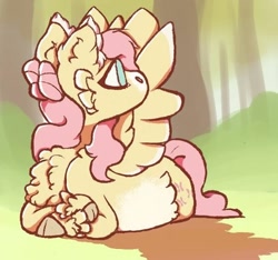 Size: 400x374 | Tagged: safe, artist:shyhandart, imported from derpibooru, fluttershy, pegasus, pony, cheek fluff, chest fluff, cloven hooves, crossed hooves, cute, fluffy, hoof fluff, looking away, looking back, lying down, no pupils, prone, shyabetes, solo