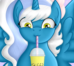 Size: 1559x1397 | Tagged: safe, artist:princessmoonsilver, imported from derpibooru, oc, oc only, oc:fleurbelle, alicorn, pony, alicorn oc, boba tea, bow, bubble tea, drink, drinking, drinking straw, female, hair bow, horn, mare, solo, wings, yellow eyes