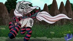 Size: 3840x2160 | Tagged: safe, artist:brainiac, derpibooru exclusive, imported from derpibooru, oc, oc only, pony, clothes, commission, female, mare, scarf, socks, solo, striped socks, tail wrap