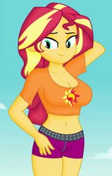 Size: 910x1430 | Tagged: safe, alternate version, edit, edited screencap, editor:ah96, imported from derpibooru, screencap, sunset shimmer, equestria girls, equestria girls series, forgotten friendship, adorasexy, arm behind head, belly button, big breasts, breast edit, breasts, busty sunset shimmer, cleavage, cropped, cute, female, lidded eyes, midriff, sexy, shading, shimmerbetes, show accurate, show accurate porn, solo, thighs