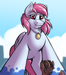 Size: 1452x1648 | Tagged: safe, artist:sugaryviolet, imported from derpibooru, oc, oc:evening skies, oc:habile, deer, deer pony, original species, pegasus, pony, city, cityscape, commission, deer oc, duo, giant pegasus, giant pony, looming, looming over, macro, macro/micro, outdoors, pegasus oc, tiny, tiny deer, tiny ponies, wings