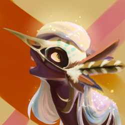 Size: 3507x3507 | Tagged: safe, artist:kiwwsplash, imported from derpibooru, oc, oc only, earth pony, pony, abstract background, bust, earth pony oc, feathered hat, open mouth, solo