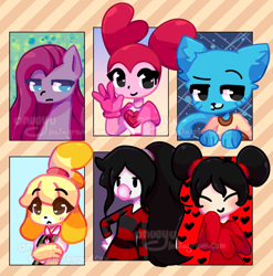Size: 1184x1200 | Tagged: safe, artist:kkotie, imported from derpibooru, pinkie pie, cat, dog, earth pony, pony, six fanarts, adventure time, animal crossing, anthro with ponies, bubblegum, bust, clothes, crossover, eyes closed, female, food, gloves, gum, gumball watterson, hand on hip, isabelle, marceline, mare, pinkamena diane pie, pucca, smiling, spinel (steven universe), steven universe, the amazing world of gumball, watermark, waving