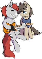 Size: 688x948 | Tagged: safe, artist:notetaker, imported from derpibooru, part of a set, oc, oc only, oc:scarlett lane, oc:snaggletooth, pegasus, pony, clothes, freckles, guitar, male, musical instrument, scarf, simple background, telecaster, transparent background