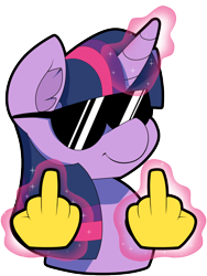 Size: 600x800 | Tagged: safe, artist:thebatfang, derpibooru exclusive, imported from derpibooru, twilight sparkle, pony, emoji, magic, middle finger, simple background, solo, sunglasses, transparent background, vulgar