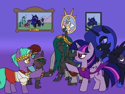 Size: 1000x750 | Tagged: safe, artist:slamjam, imported from derpibooru, firelight, nightmare moon, queen chrysalis, twilight sparkle, changeling, armor, historical roleplay starlight, tetrarchy