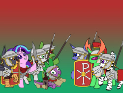 Size: 900x675 | Tagged: safe, artist:slamjam, imported from derpibooru, spike, starlight glimmer, thorax, changedling, changeling, earth pony, griffon, pegasus, pony, unicorn, zebra, alcohol, armor, byzantine empire, chi rho, constantine, constantine the great, historical roleplay starlight, king thorax, legionary, roman empire, shield, spear, sword, weapon, wine