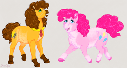 Size: 3960x2128 | Tagged: safe, artist:jessopal, imported from derpibooru, cheese sandwich, pinkie pie, earth pony, pony, alternate design, cheesepie, female, fluffy, jewelry, male, monocle, necklace, shipping, simple background, straight