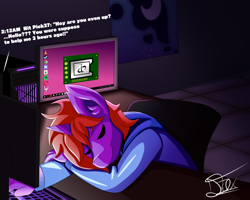 Size: 1250x1000 | Tagged: safe, artist:badunius, imported from derpibooru, oc, oc only, oc:silicone chip, anthro, unicorn, anthro oc, computer, ear fluff, horn, luna's cutie mark, night, princess luna's cutie mark, sleeping, sleepy, unicorn oc