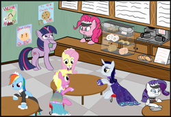 Size: 1575x1080 | Tagged: safe, artist:mightyshockwave, artist:seika, imported from derpibooru, fluttershy, moonlight raven, pinkie pie, rainbow dash, rarity, sunshine smiles, twilight sparkle, oc, oc:chocolate chip, oc:weary heart, earth pony, pegasus, pony, unicorn, cleaning, clothes, coffee machine, counter, food, maid, maid cafe, over the moon, pastry, poster, tripping the light, unicorn twilight