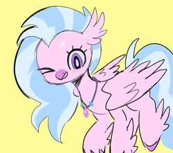 Size: 1018x894 | Tagged: safe, artist:10uhh, artist:mesqrit, imported from derpibooru, silverstream, hippogriff, blushing, cute, diastreamies, female, jewelry, necklace, one eye closed, open mouth, simple background, solo, wink, yellow background