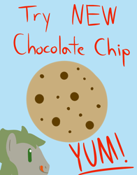 Size: 1800x2300 | Tagged: safe, artist:mightyshockwave, imported from derpibooru, oc, oc only, oc:chocolate chip, advertisement, cookie, food, minimalist, modern art, text