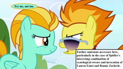 Size: 1280x720 | Tagged: safe, edit, edited screencap, imported from derpibooru, screencap, lightning dust, spitfire, wonderbolts academy, drill sergeant, implied bonnie zacherle, implied lauren faust, implied vulgar, inset, protectors of the plot continuum, reality ensues, speech, speech bubble, sunglasses, talking, your unhappy elladan