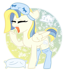 Size: 2598x2869 | Tagged: safe, artist:crazysketch101, imported from derpibooru, oc, oc only, oc:dream, pegasus, pony, circle background, pillow, simple background, sleep mask, sleepy, solo, white background, yawn