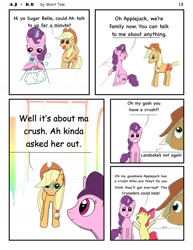 Size: 1385x1792 | Tagged: safe, artist:short tale, imported from derpibooru, apple bloom, applejack, rainbow dash, sugar belle, comic:aj+rd, advice, appledash, crush, digital art, family, female, lesbian, romance, shipping, siblings, sister-in-law, washing, washing dishes