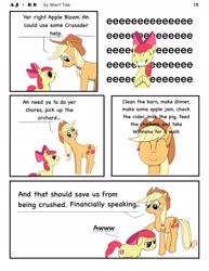 Size: 1385x1792 | Tagged: safe, artist:short tale, imported from derpibooru, apple bloom, applejack, rainbow dash, earth pony, pony, comic:aj+rd, appledash, bow, chores, digital art, excitement, female, help, lesbian, romance, shipping, siblings, sisters