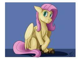 Size: 2834x2160 | Tagged: safe, artist:tenebrisnoctus, imported from derpibooru, fluttershy, pegasus, pony, blue background, female, mare, signature, simple background, sitting, solo