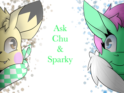 Size: 1600x1200 | Tagged: safe, artist:chu-and-sparky-127, imported from derpibooru, oc, oc only, oc:firework spark, pegasus, pikachu, pony, ask, bust, duo, female, mare, neckerchief, pegasus oc, pokémon, simple background, smiling, transparent background, wings