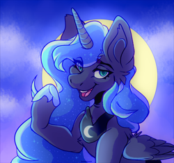 Size: 2880x2702 | Tagged: safe, artist:sinraccoon, imported from derpibooru, princess luna, alicorn, pony, chest fluff, ear fluff, eye clipping through hair, eyebrows, eyebrows visible through hair, female, full moon, high res, mare, moon, night, raised hoof, signature, smiling, solo