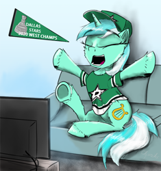 Size: 1500x1594 | Tagged: safe, artist:chopsticks, imported from derpibooru, lyra heartstrings, pony, unicorn, baseball cap, cap, cheek fluff, cheering, chest fluff, clothes, couch, dallas stars, female, hat, hockey, ice hockey, mare, nhl, open mouth, shirt, sitting, solo, sports, television, unshorn fetlocks