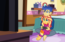 Size: 2852x1856 | Tagged: safe, artist:gmaplay, imported from derpibooru, flash sentry, sunset shimmer, equestria girls, barefoot, clothes, couple, duo, feet, female, flashimmer, male, pajamas, shipping, straight