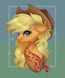 Size: 930x1110 | Tagged: safe, artist:justkattyo, artist:muna, imported from derpibooru, applejack, pony, applejack's hat, bust, clothes, cowboy hat, granny smith's shawl, hat, portrait, signature, solo