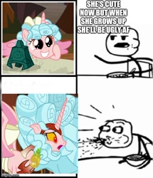 Size: 500x581 | Tagged: safe, edit, edited screencap, imported from derpibooru, screencap, cozy glow, alicorn, human, pony, the ending of the end, alicornified, bell, caption, cereal guy, chaos cozy glow, cozybetes, cozycorn, cute, female, filly, food, giant demon alicorn cozy glow, grogar's bell, image macro, meme, pineapple, race swap, spit take, stick figure, text