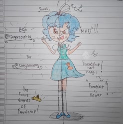 Size: 1211x1228 | Tagged: safe, artist:payshiechastityart, imported from derpibooru, cozy glow, equestria girls, clothes, cutie mark, cutie mark on clothes, equestria girls-ified, female, lined paper, reference sheet, skirt, solo, split screen, traditional art