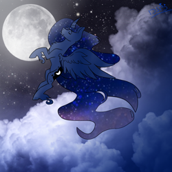 Size: 3000x3000 | Tagged: safe, artist:toptian, imported from derpibooru, princess luna, alicorn, pony, cloud, ethereal mane, eyes closed, female, flying, mare, night, outdoors, solo, starry mane, stars