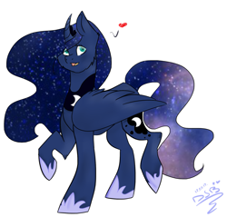 Size: 1629x1557 | Tagged: safe, artist:toptian, imported from derpibooru, princess luna, alicorn, pony, curved horn, ethereal mane, female, hoof shoes, horn, mare, peytral, raised hoof, signature, simple background, solo, starry mane, white background