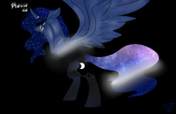 Size: 2500x1615 | Tagged: safe, artist:toptian, imported from derpibooru, princess luna, alicorn, pony, bipedal, black background, crying, ethereal mane, eyes closed, female, galaxy mane, mare, simple background, solo, talking