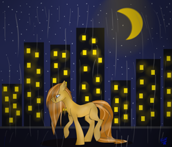 Size: 2645x2267 | Tagged: safe, artist:toptian, imported from derpibooru, oc, oc only, earth pony, pony, building, city, crescent moon, earth pony oc, male, moon, night, outdoors, rain, raised hoof, signature, solo, stallion, stars, transparent moon, wet, wet mane