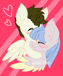 Size: 1080x1296 | Tagged: safe, artist:silentwolf-oficial, imported from derpibooru, oc, oc only, pegasus, pony, abstract background, blushing, bust, eyes closed, female, heart, hug, male, mare, oc x oc, pegasus oc, shipping, stallion, straight, wings