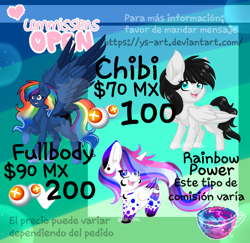 Size: 1080x1051 | Tagged: safe, artist:silentwolf-oficial, imported from derpibooru, oc, oc only, pegasus, pony, unicorn, advertisement, commission info, horn, multicolored hair, open mouth, pegasus oc, rainbow hair, smiling, unicorn oc, wings