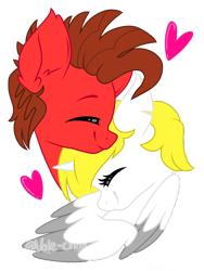 Size: 1080x1440 | Tagged: safe, artist:silentwolf-oficial, imported from derpibooru, oc, oc only, earth pony, pony, bust, earth pony oc, eyes closed, heart, hug, oc x oc, shipping, simple background, transparent background, two toned wings, wings