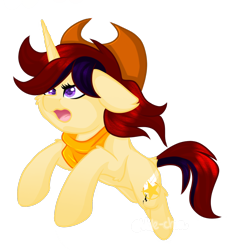 Size: 1080x1157 | Tagged: safe, artist:silentwolf-oficial, imported from derpibooru, oc, oc only, oc:sherrine, pony, unicorn, hat, horn, neckerchief, open mouth, running, simple background, solo, transparent background, unicorn oc