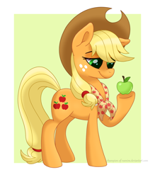 Size: 1050x1200 | Tagged: safe, artist:champion-of-namira, imported from derpibooru, applejack, pony, apple, clothes, food, granny smith's shawl, hat, older, solo